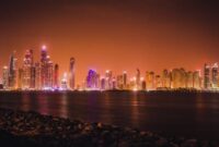 World Famous Majestic Dubai Skyline in Night. View of Marina from The Palm, Jumeriah.